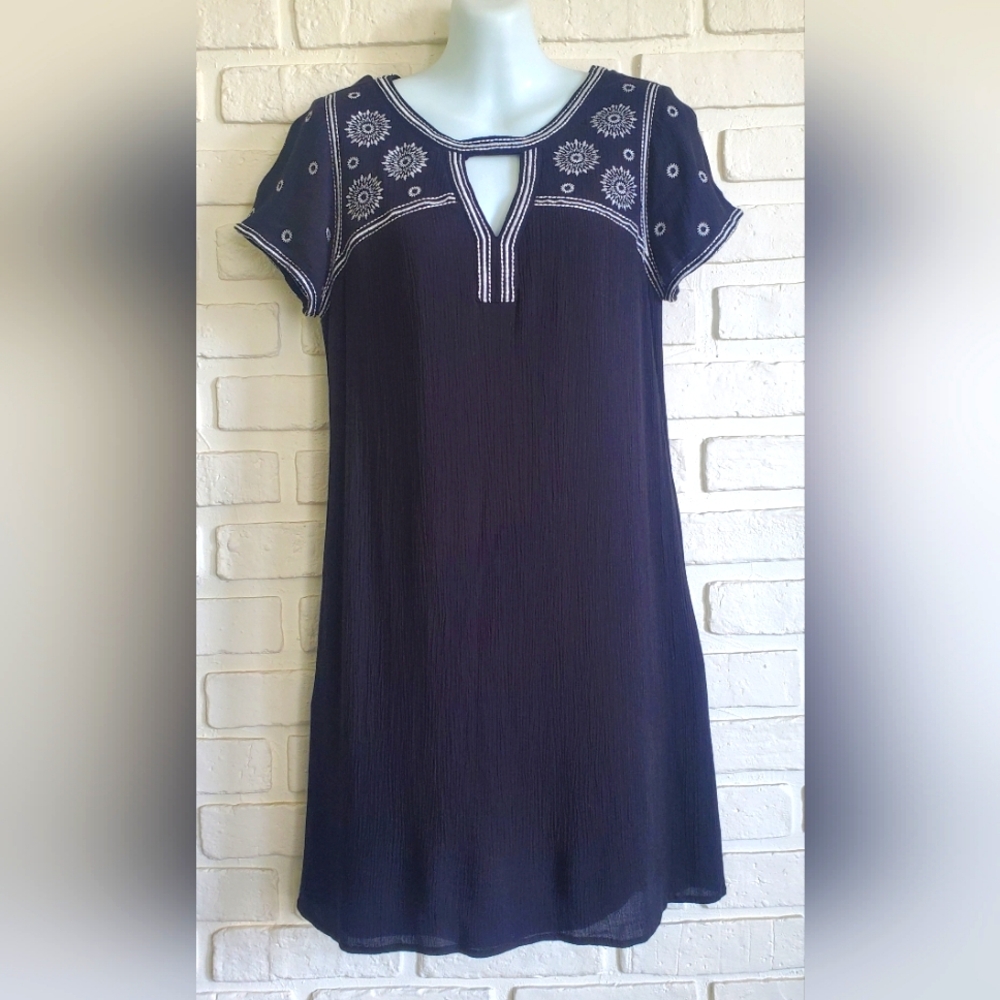 Blue Rain Boho Peasant Dress Black & White Embroidery Eyelet Size Small